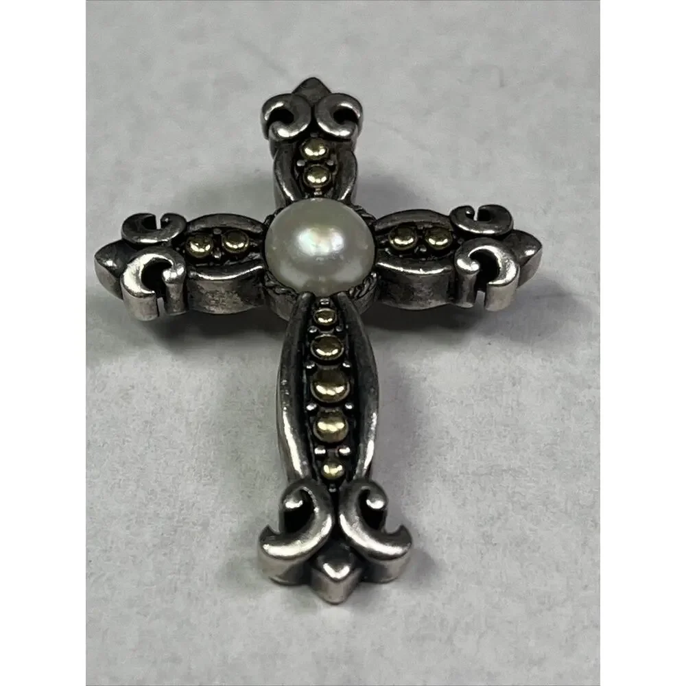 EFFY 18k And Sterling Silver Cross Crucifix Pendant Faux Pearl No Necklace RARE - Picture 5 of 12